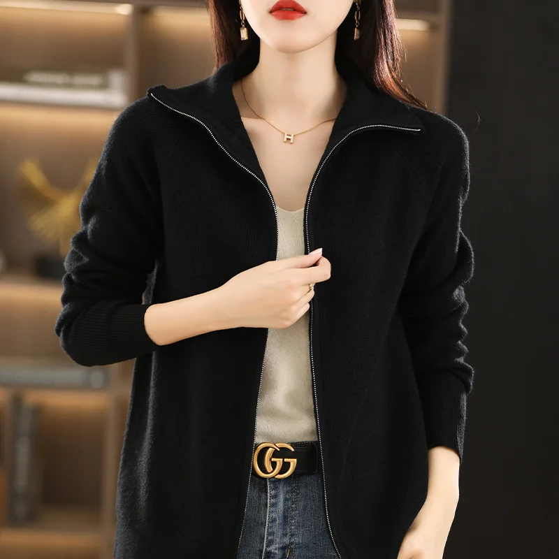 New Autumn And Winter Knitted Cardigan Women\'s Lapel Solid Color Zipper Thickened Loose Short Sweater Coat