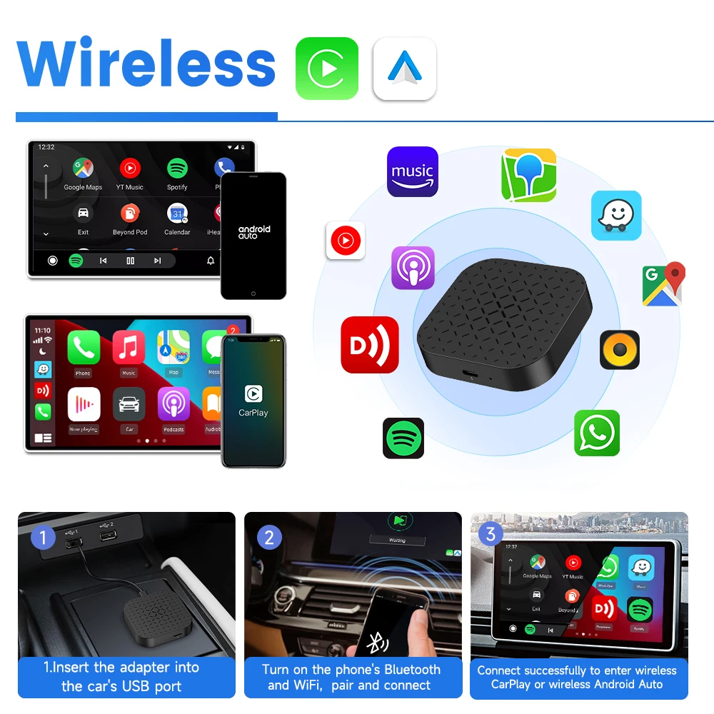 New Arrival Universal Streaming Box Wireless Portable Carplay Android Auto Android 11 Adapter 3 In 1 Dongle Carplay