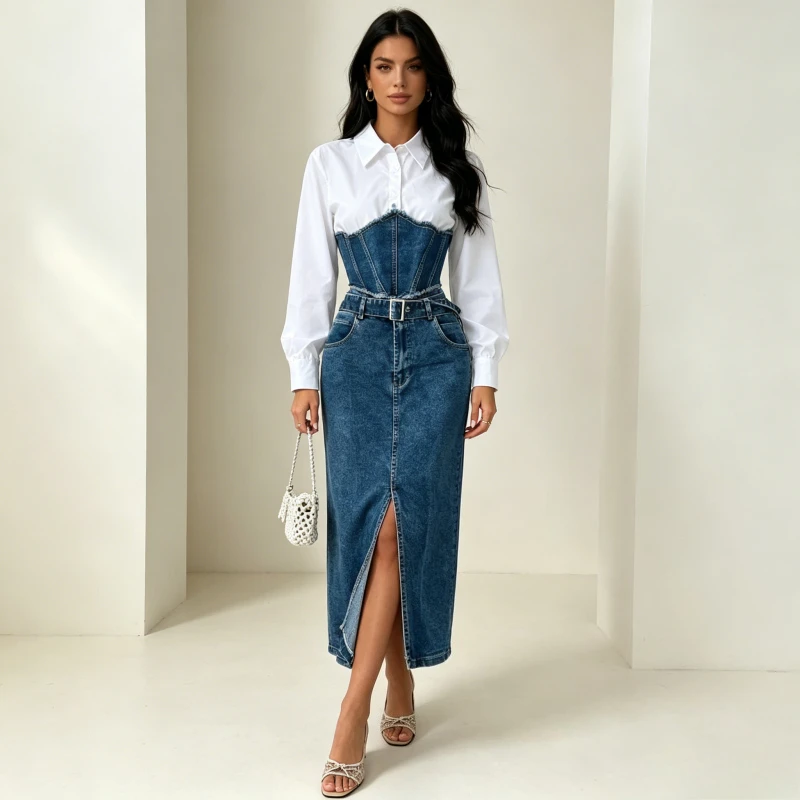 

2 Piece Sets Women Denim Shirt Coat Skirt Suit Long Skirts Outfits Overshirt Patchwork Belt Pockets Washed Ensemble Streetwear