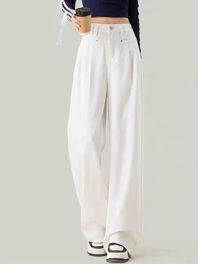 Calça jeans feminina vintage calças retas outono primavera moda feminina branco preto calças de perna larga jeans casuais