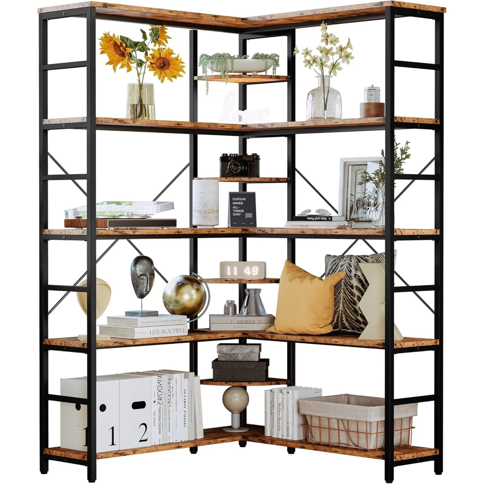 US Industrial Bookcases and Bookshelves, 5-Tiers Corner Bookcase with Curved Panels, L Shaped Shelf with Metal Frame