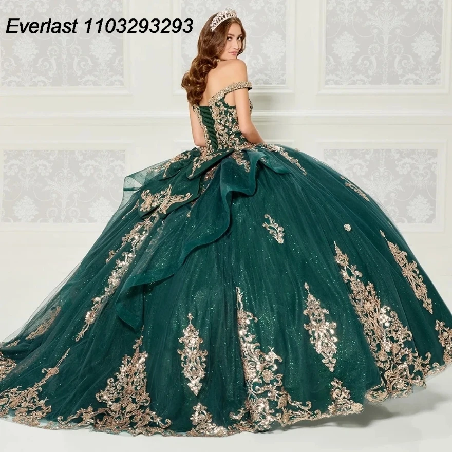 EVLAST abito Quinceanera verde smeraldo abito da ballo Applique in pizzo dorato perline di cristallo con fiocco dolce 16 Vestido 15 De aecos TQD205