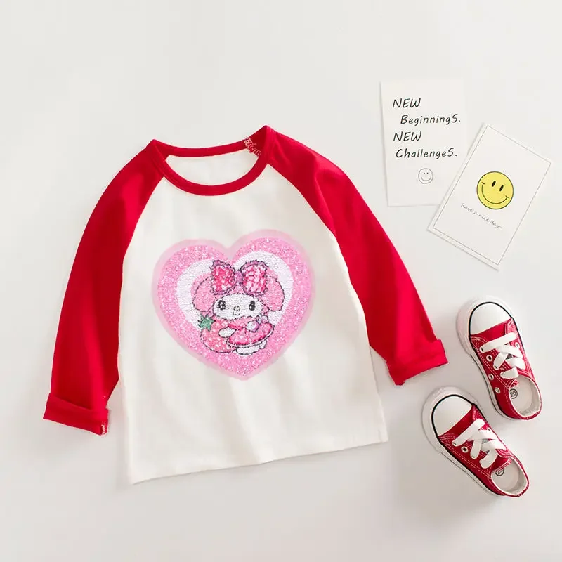 Sanrio My Melody Anime roupas infantis, camiseta de manga comprida para meninas, desenhos animados do coração, jaqueta fofa para crianças, presente superior para bebês, roupas kawaii