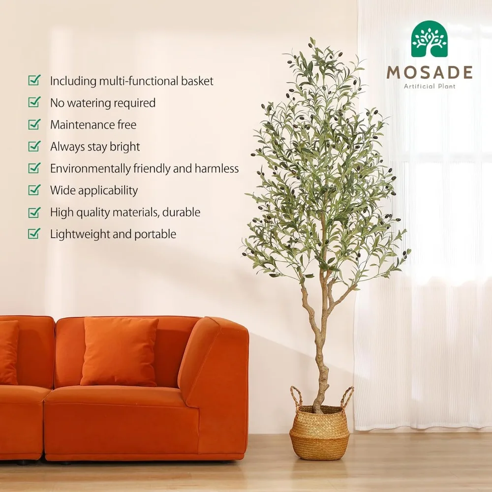 Oliveira artificial de 7 pés com folhas de seda e cesta de ervas marinhas artesanal, topiária falsa alta ideal para decoração de casa