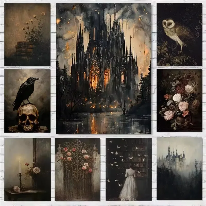 DIY Malen nach Zahlen Gotisches Schloss Wildblumen Vögel Dark Academia für Erwachsene Anfänger Leinwand Wandkunst Heimdekoration Geschenk