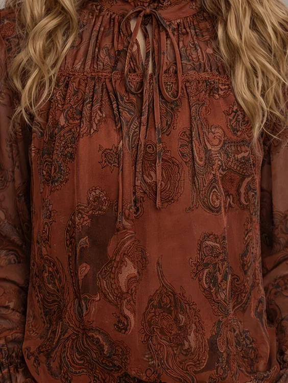 2026 Autumn New Collection Paisley Retro Print Stand Collar Tie Chiffon Shirt Ruffled Lantern Long Sleeve Top Plus Size Women's Casual Commuter Wear Product Details image 4
