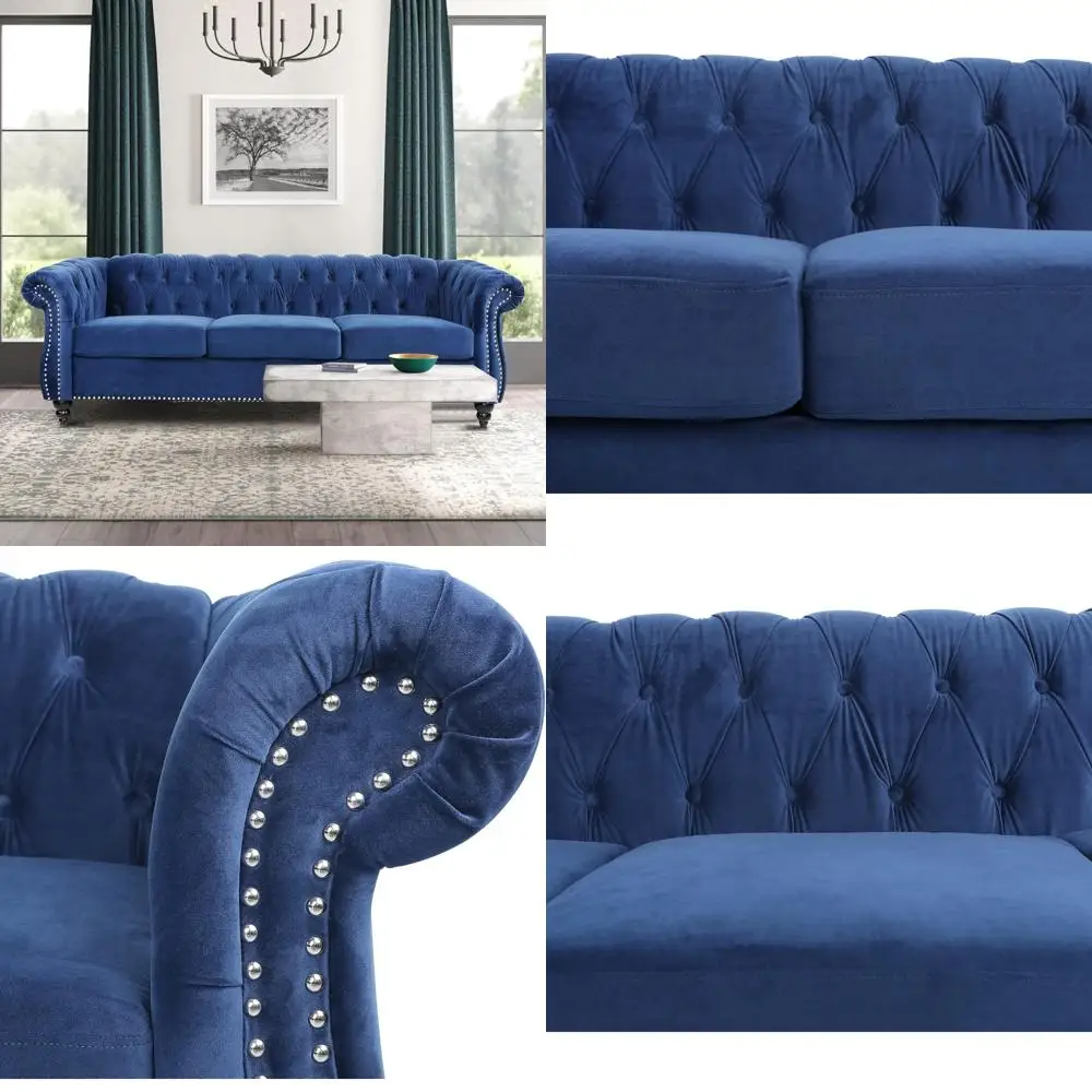 

Modern Velvet Chesterfield Sofa, 84 3-Seater with Tufted Design, Scroll Arms, and Wooden Legs for Living Room or Bedroom in Blue