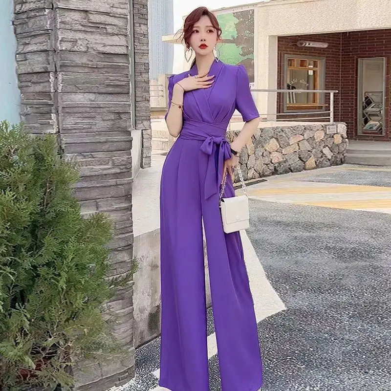 Women\'s Chiffon Jumpsuit 2024 New Summer Elegant Fashion One Piece Clothes White Thin Romper Wide Leg Pants Body Suits For Women