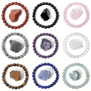 Naturstein Perlen Armband mit Minerals tein Reiki Quarze Armreifen Tigerauge Lapislazuli Amethyste elastisches Armband