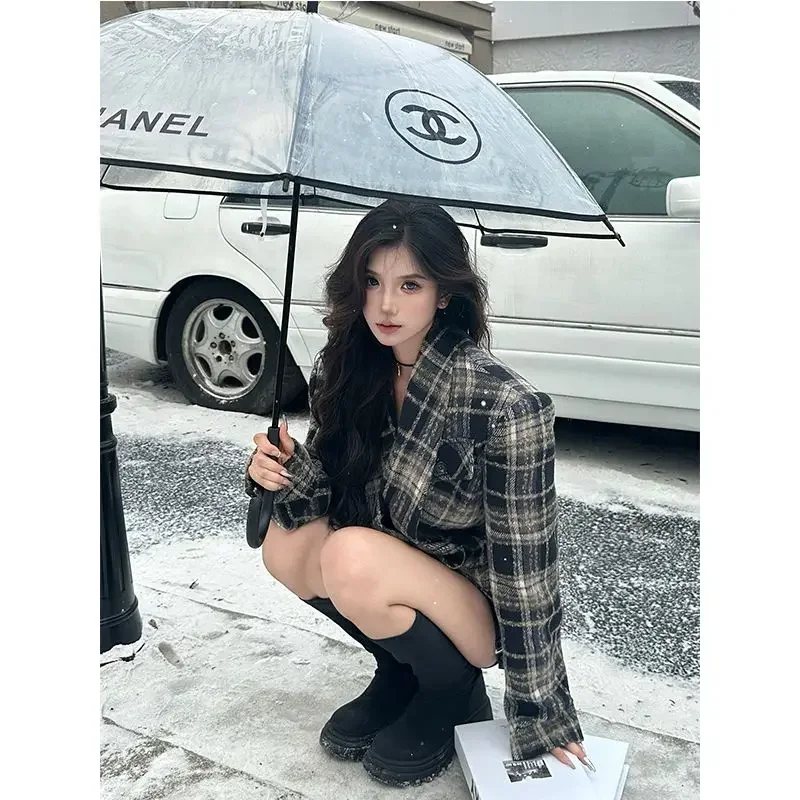 Fashionable Dopamine Wasteland Style Classic Thickened Tartan Suit for Women's Winter Double-breasted Short Wool Jacket