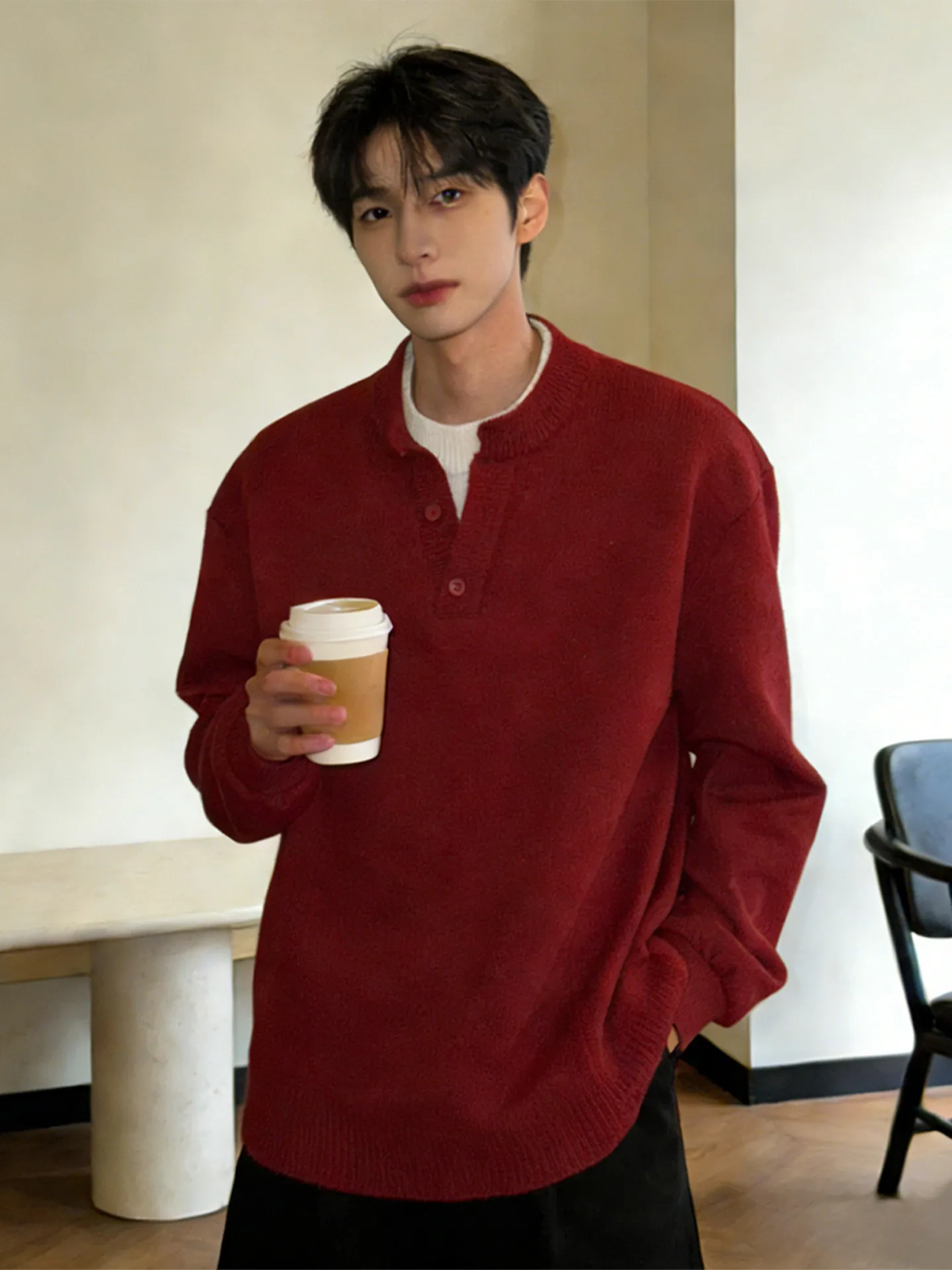 

Red Wine Color Henry Collar Knitwear Men's Winter Base Layer Couple's Outerwear New Year's Faion Casual Thiened Polyester...