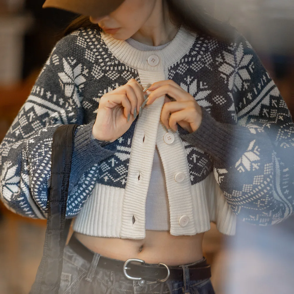 Maden Women’s Fair Isle Knit Cardigan Autumn Winter Warm Jacquard Short Sweater Coat Long Sleeve Layering Top