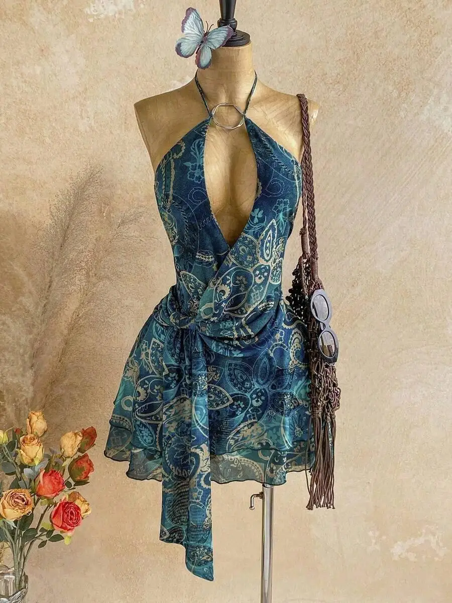 

Womens Boho Paisley Print Halter Mini Dress With Knot Detail Asymmetrical Hem