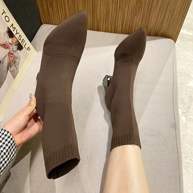 Mesh women's boots 2024new Korean version autumn and winter thick heel knitted socks boots pointed elastic fashion women's boots