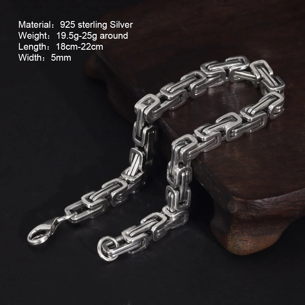 925 Sterling Silver Byzantine Cuban Chain For Men and Women Punk Hip Hop Retro Square Lovers Bracelet