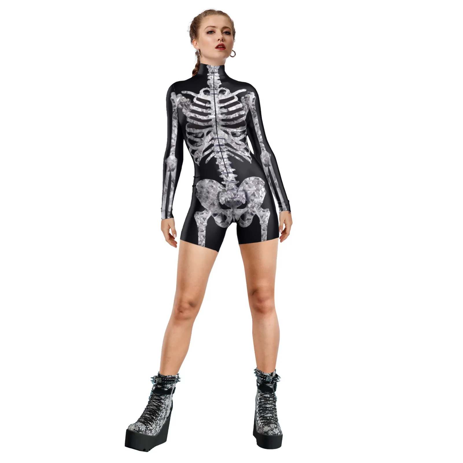 

Women Men Body Skeleton Skull Punk Future Robot 3D Print Bodysuit Jumpsuit Halloween Cosplay Costume Party Role Outfits