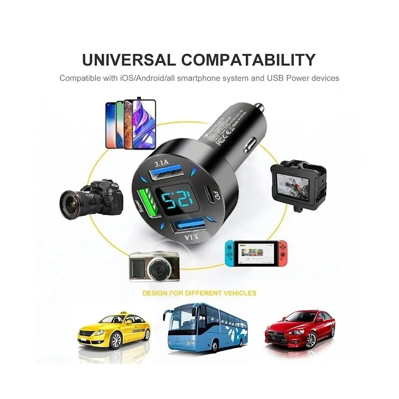 شاحن سيارة ذكي ذو 4 منافذ - شحن سريع PD USB C مع شاشة رقمية