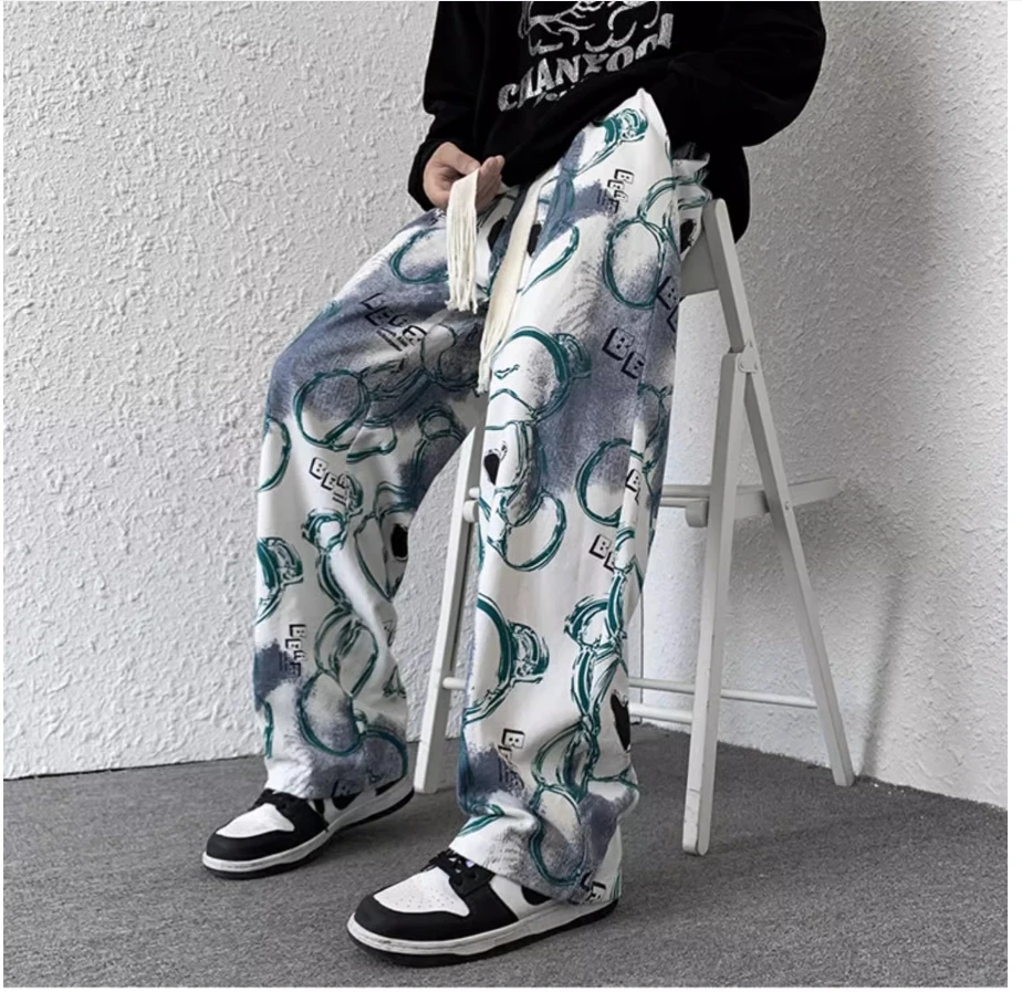 Bear tie-dye pants men\'s spring and summer design sense niche fashion brand large size teenagers straight leg loose casual pants