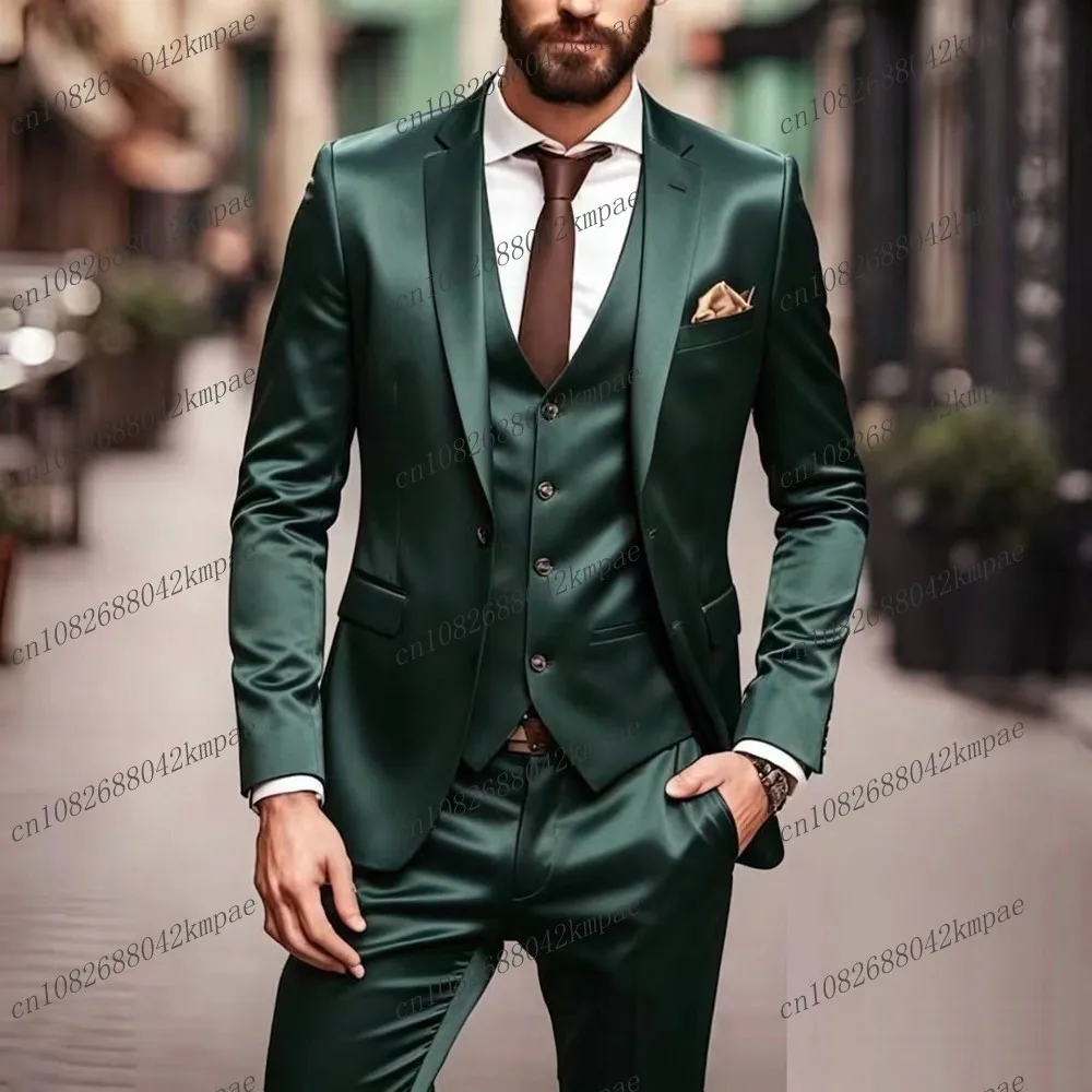 

Acetate Satin Dark Green Formal Men Suit Groom Groomsman Wedding Party Prom Business Male Tuxedos 3 Piece Set Blazer Vest Pants