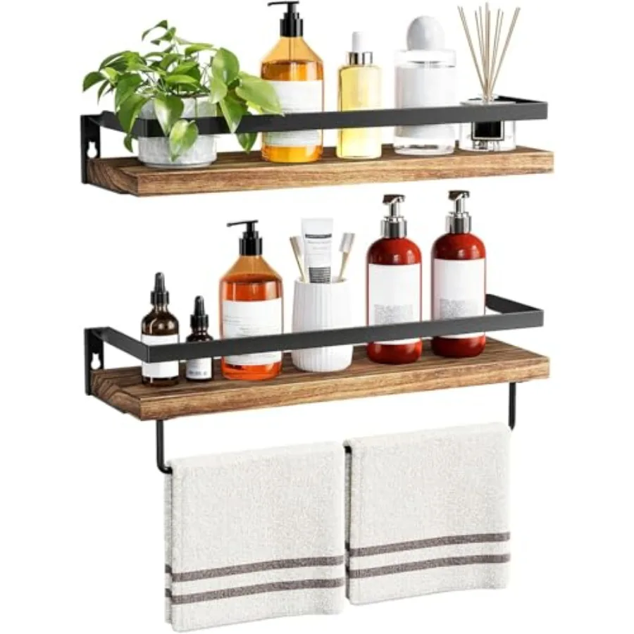 

Bathroom Shelves with Towel Bar, Floating Shelves, Wall Shelves for Bathroom/Living Room/Kitchen/Bedroom, Rustic Brown, Set of