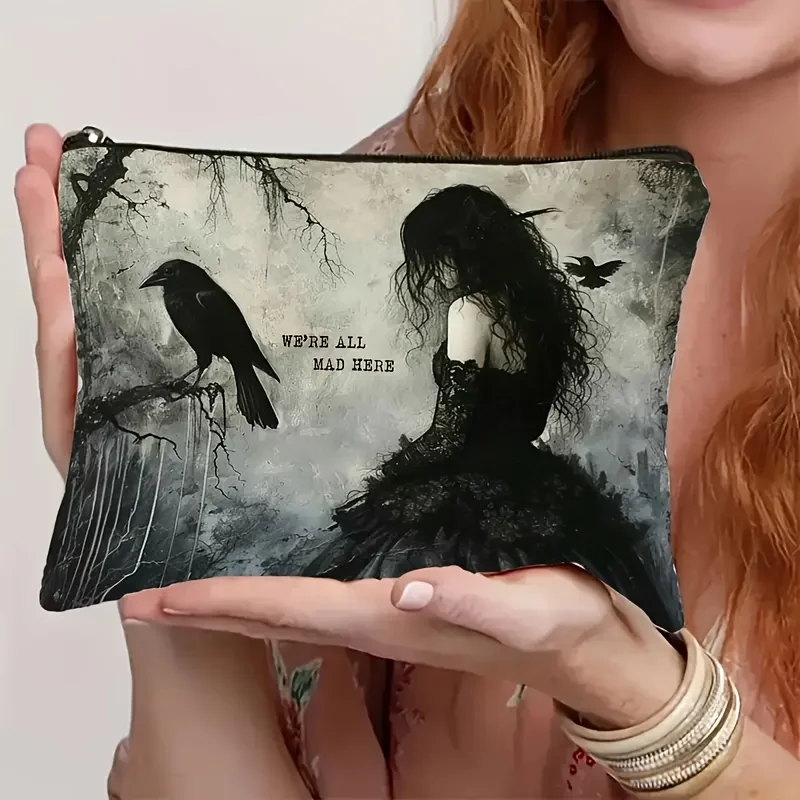 Gothic Fairy Tale Makeup Bag Mysterious Black Crow Moonlit Forest Illustration Travel Organizer for Cosmetic Bag Accessories