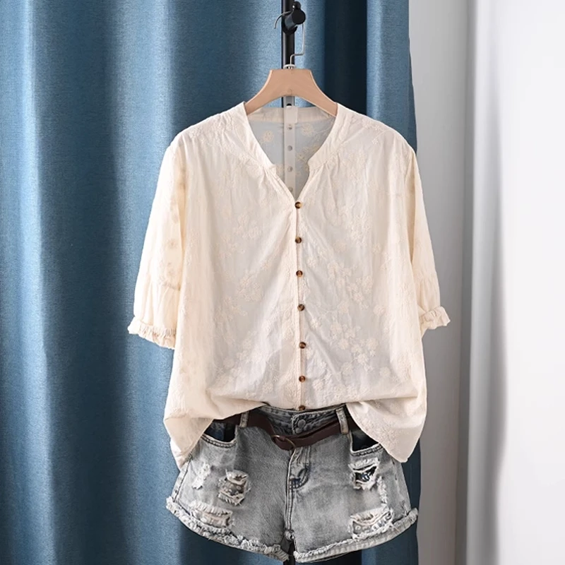 

Дизайнерская женская одежда 2025 года, элегантные женские рубашки из 100% хлопка, белые, бежевые летние рубашки в стиле бохо с v-образным вырезом в японском стиле