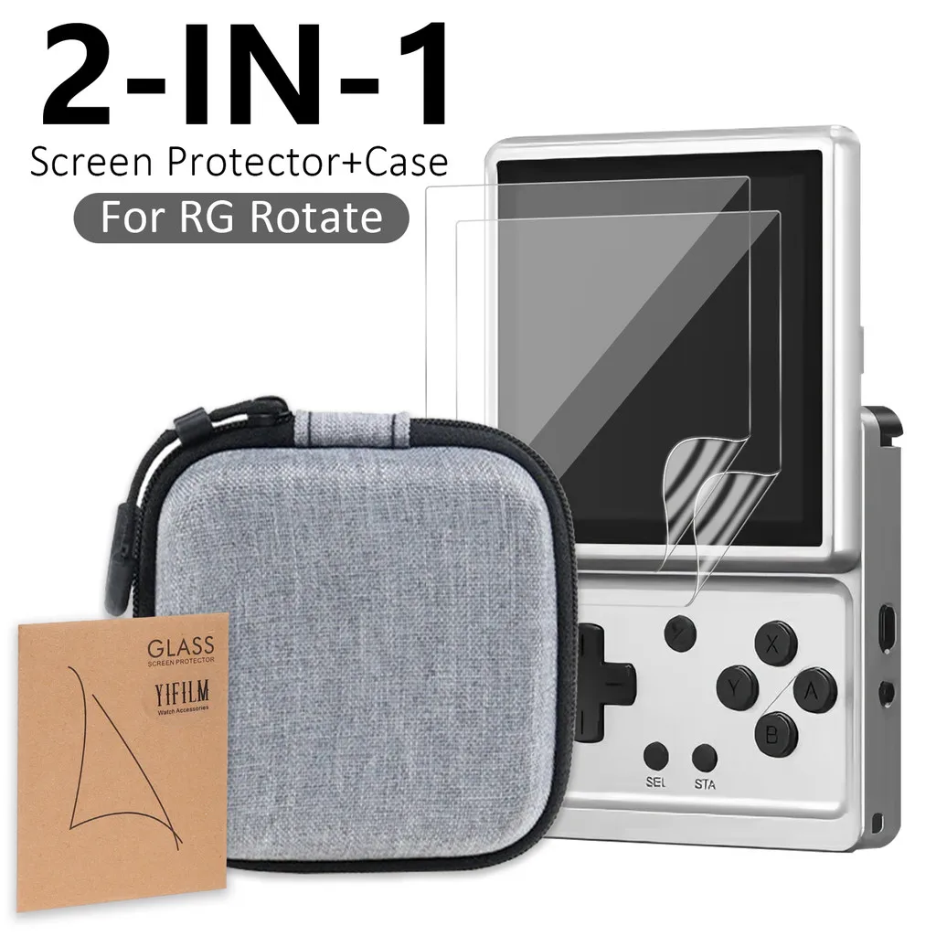 For Anbernic RG Rotate Handheld Console Clear Screen Protector Film with 9x9x4cm SquareEVA Storage Carrying Bag Pouch Ultra-thin