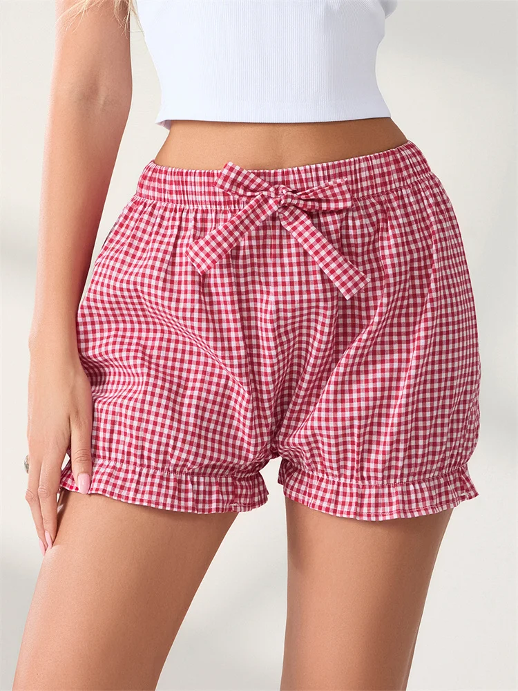 CHRONSTYLE Women Bloomer Shorts Summer Elastic Waist Bow Plaid Dots Print Loose Casual Short Pants Streetwear 2025 Bottoms New