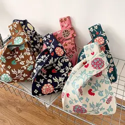 Japanese Mini Portable Knot Wrist Bag Women Top Handle Bag Simple Floral Purse Handbags Waterproof Shopping Bag Phone Key Pouch