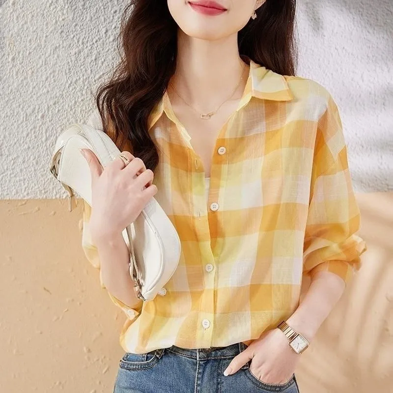 Vintage Fashion New Summer Thin Women\'s POLO Collar Lattice Single Breasted Temperament Versatile Long Sleeve Loose Shirt Tops