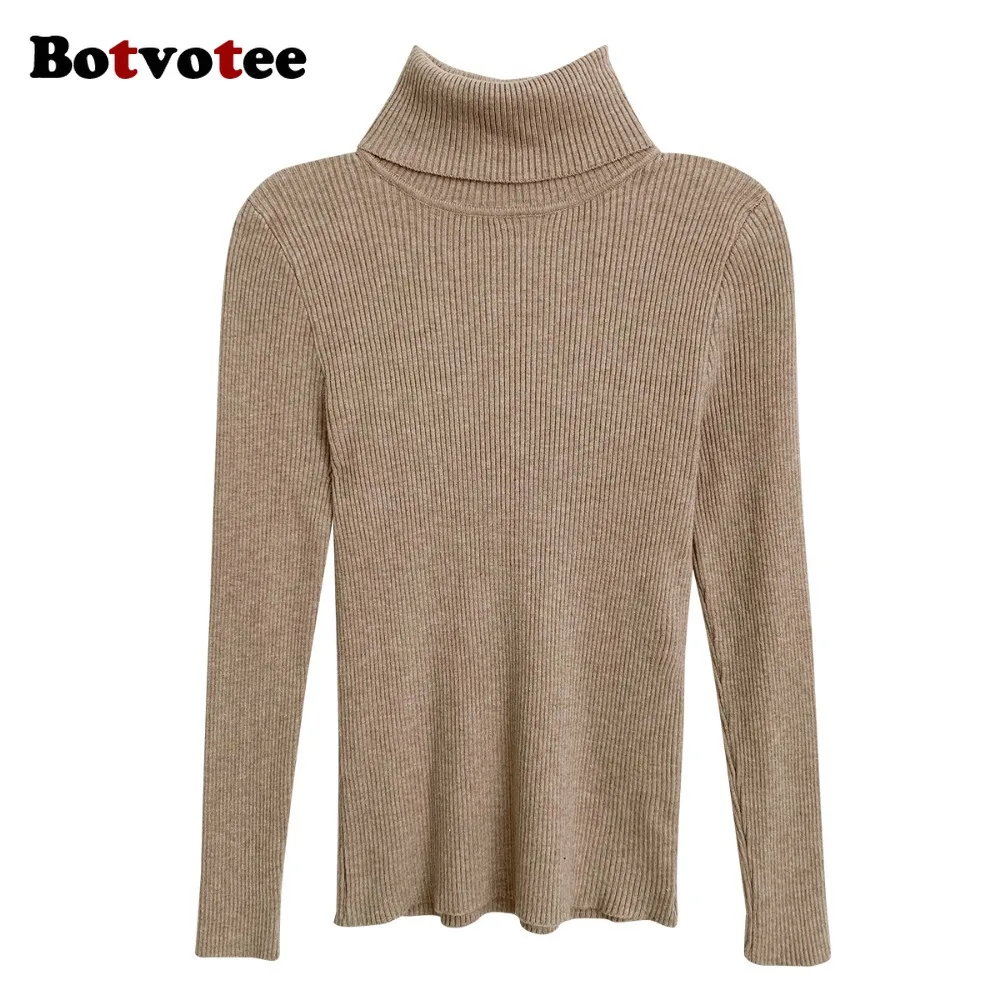 Botvotee Basic Mock Neck prążkowane swetry dla kobiet śliczne seksowne dzianiny jesienno-zimowy ciepły dopasowany modny sweter pulowerowy