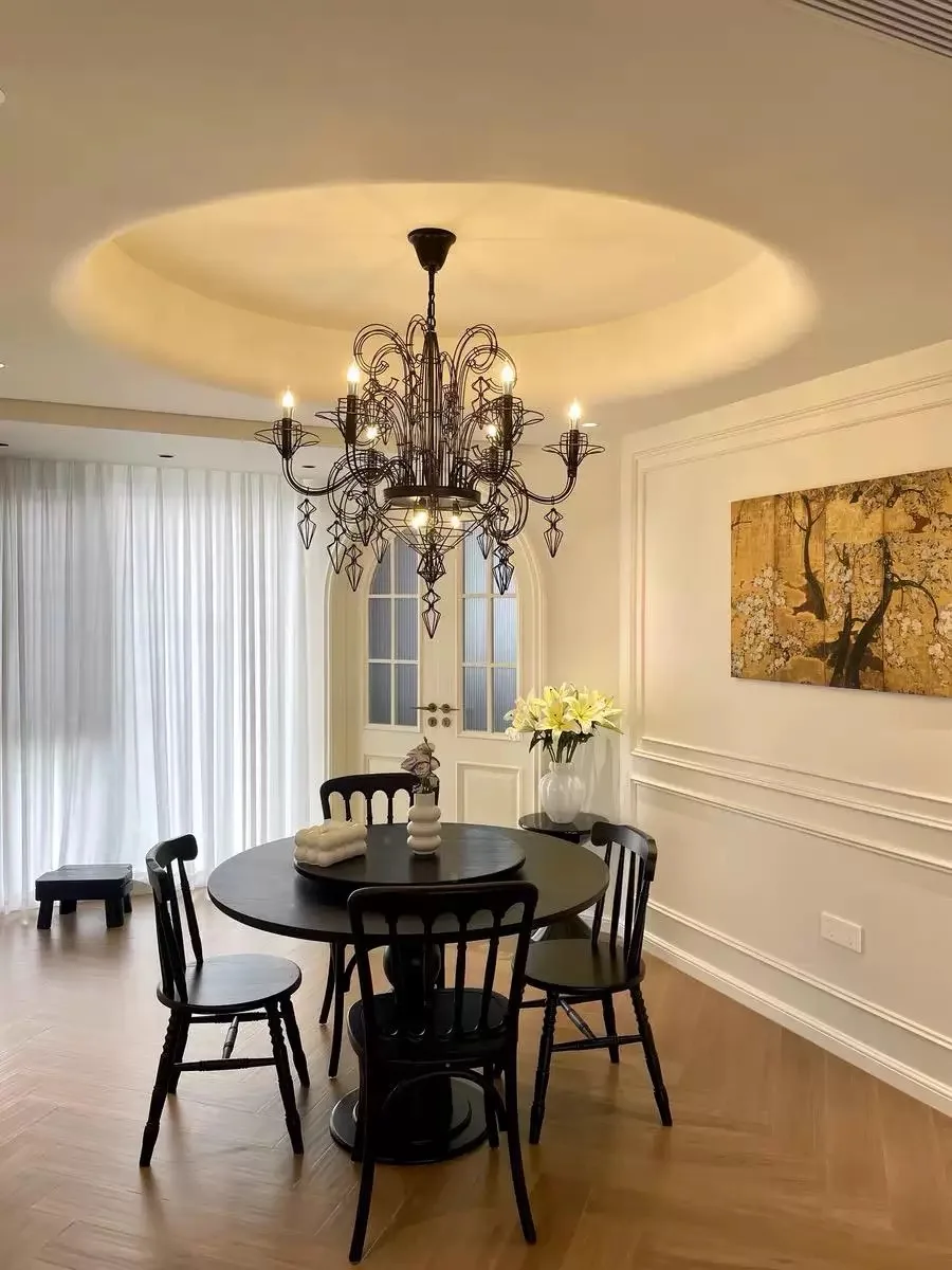 French Retro Black Iron Candle Chandelier Villa Baroque Style Lighting Fixture for Living Room Dining Room Staircase