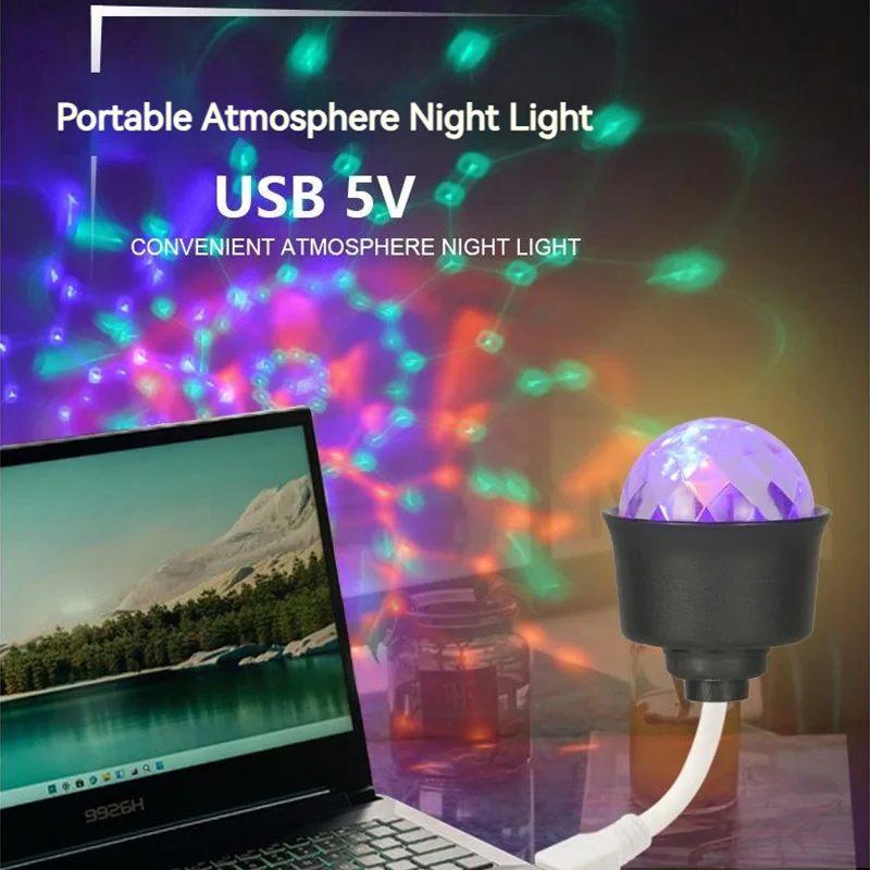 USB 7 Color LED Mini Atmosphere Light DJ Festive Party Christmas Decoration Projection Magic Ball Starlight