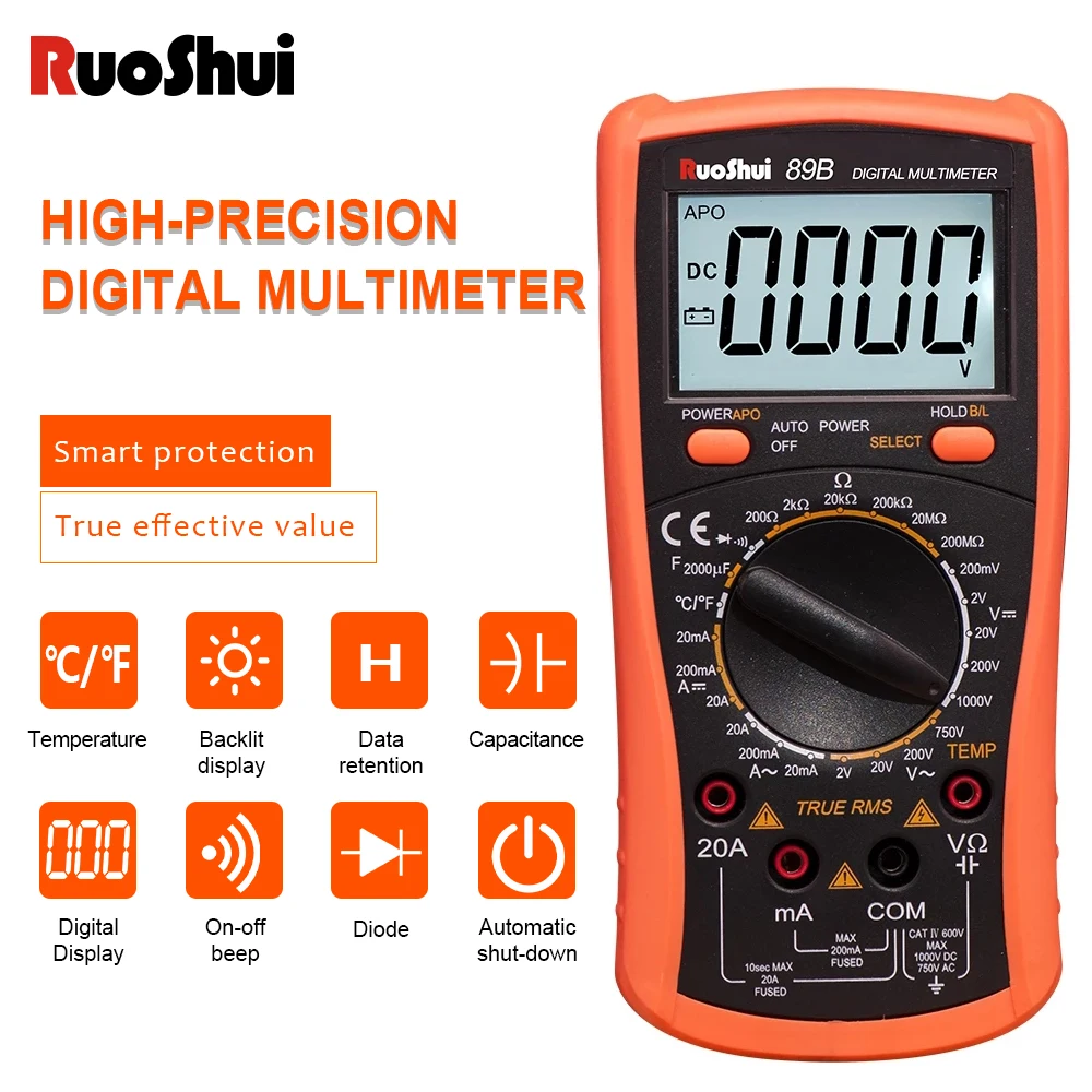 RuoShui 89B Multimeter True RMS Intelligent Overload protection 2000 counts Resistance Temperature Capacitance Diode multi meter