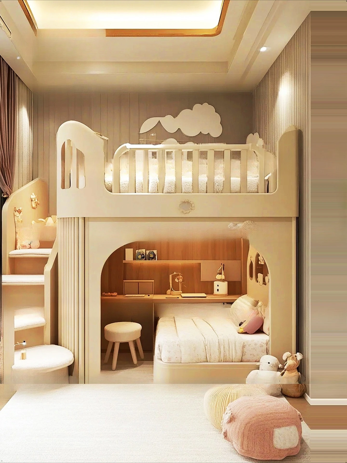 Łóżko dziecięce kremowe, łóżko dla dziewczynki, łóżko dla młodszej siostry, łóżko z szafką i stołem z schodami.