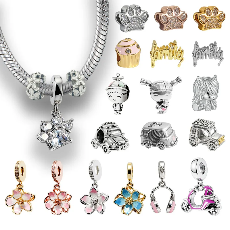 New Original Charm Beads,Sparkling Pet Paw Print Dangle Charm,Little Girl&ittle Boy Charm Bead,Fit Pendant Women Jewelry Gift