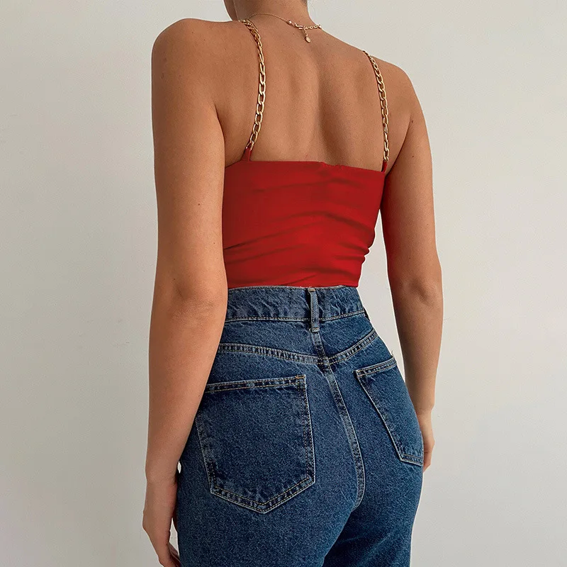 Metal Shoulder Strap V Neck Cut Out Tank Top Halter Crop Tops Women Bare Midriff Backless Camisole Female Cropped Vest