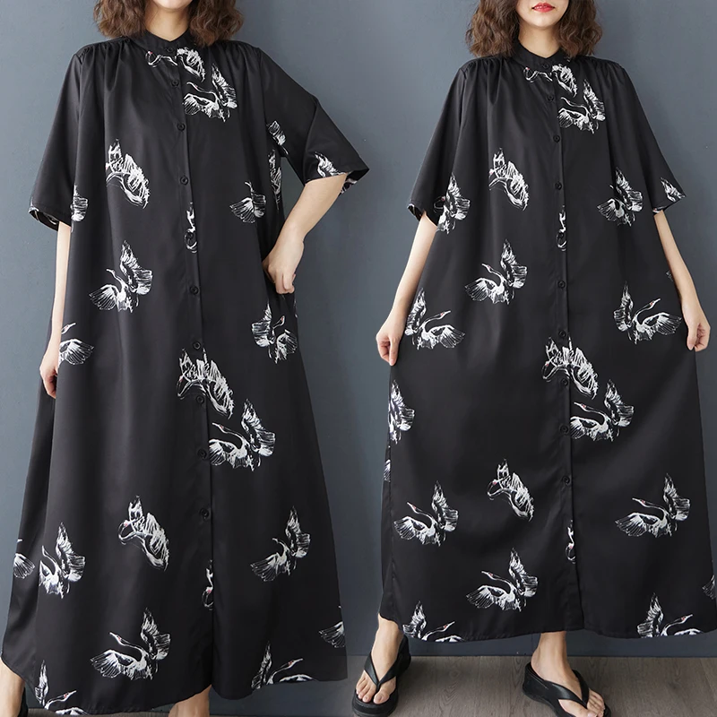 

Элегантное платье-рубашка больших размеров в винтажном стиле, свободного кроя, с воротником-стойкой, на пуговицах, модное, А-силуэт, весна-лето, новинка