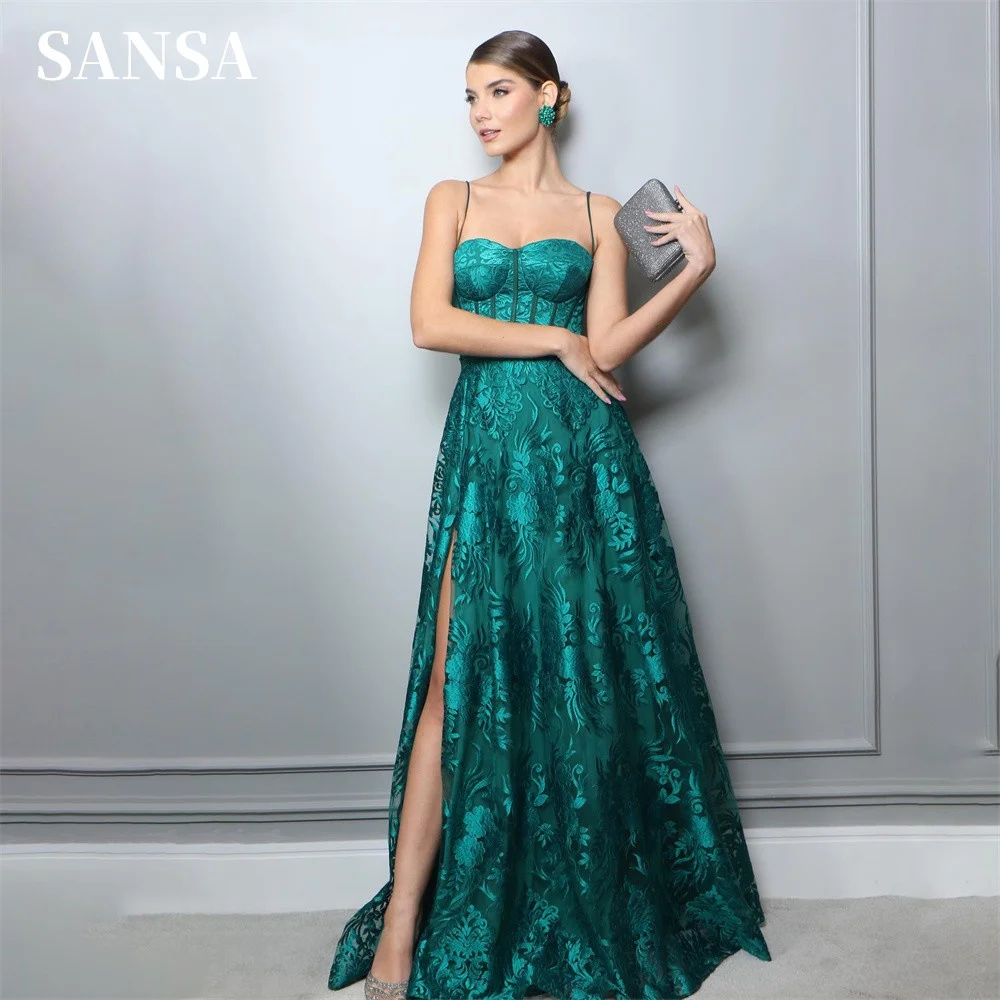 

Sansa Elegant Spaghetti Strap Prom Dress Green A-line Lace Embroid فساتين سهره فاخره 2023 Side Split Vestidos De Noche