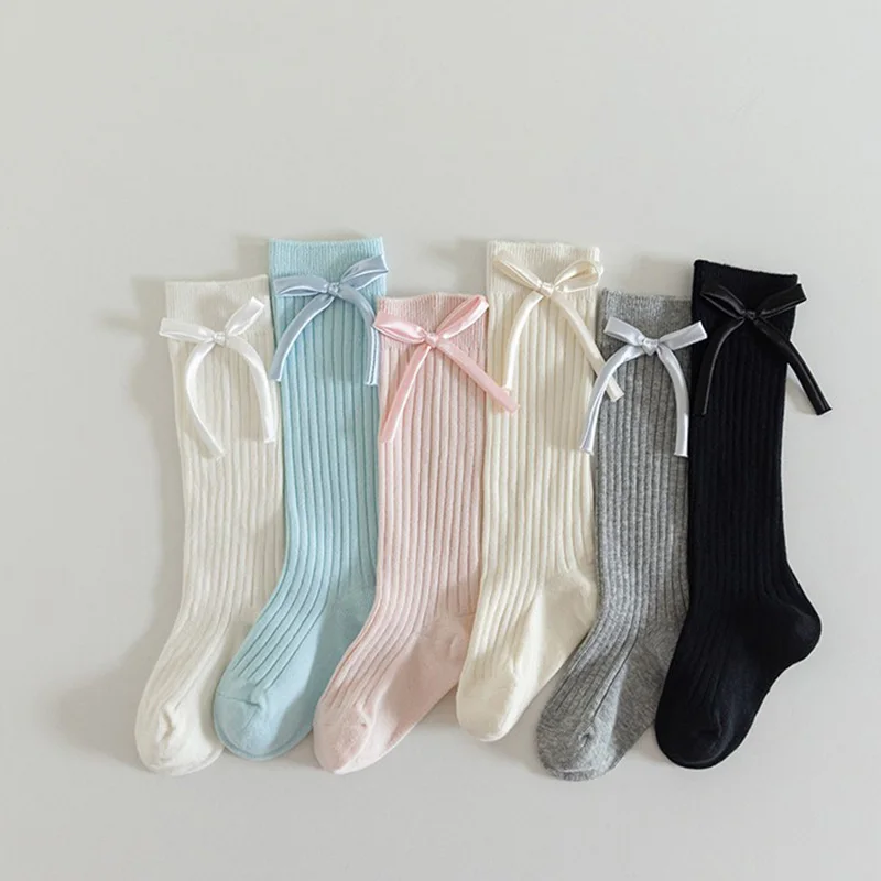 Solid Color Kids Bow Stockings Spring Autumn Knit Long Socks Princess Girl Calf Socks 3-5Year Children Cotton Sock Baby Footwear