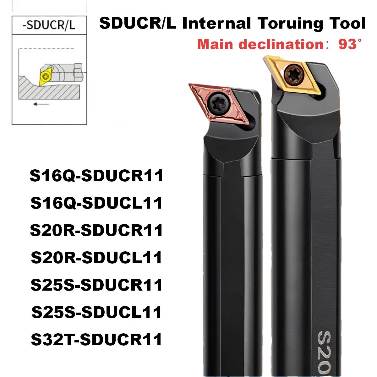 SDUCR11 Internal Turning Tool Holder S16Q S20R S25S, Lathe Boring Bar for DCMT11 Inserts, CNC Lathe Tool, No Insert