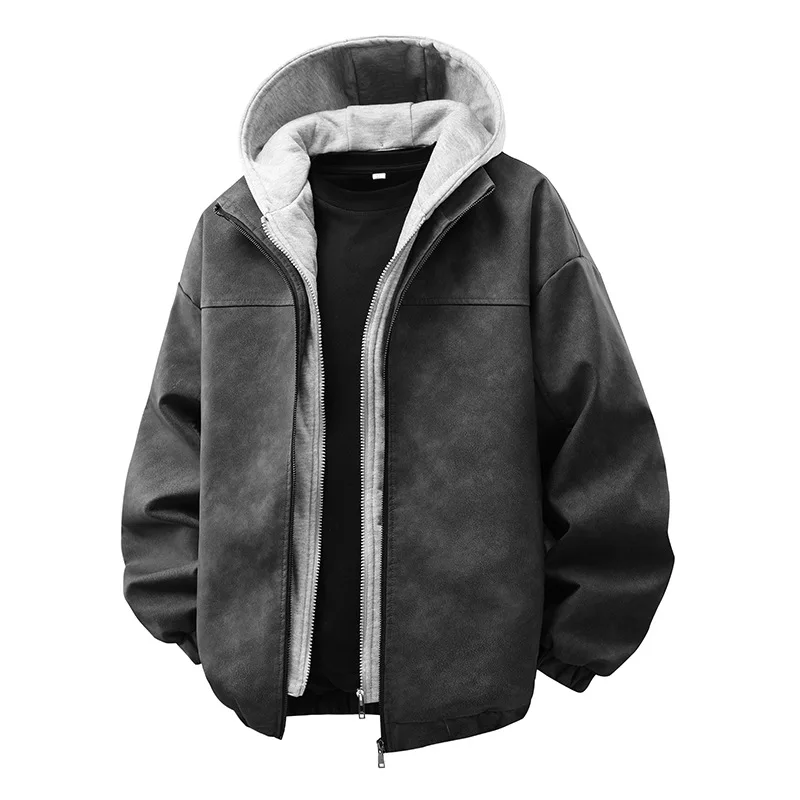 

Autumn Winter Men Hooded Coat Streetwear Man Fake Two-piece Leather Jacket Zipper Long Sleeve Versatile Male Windbreaker