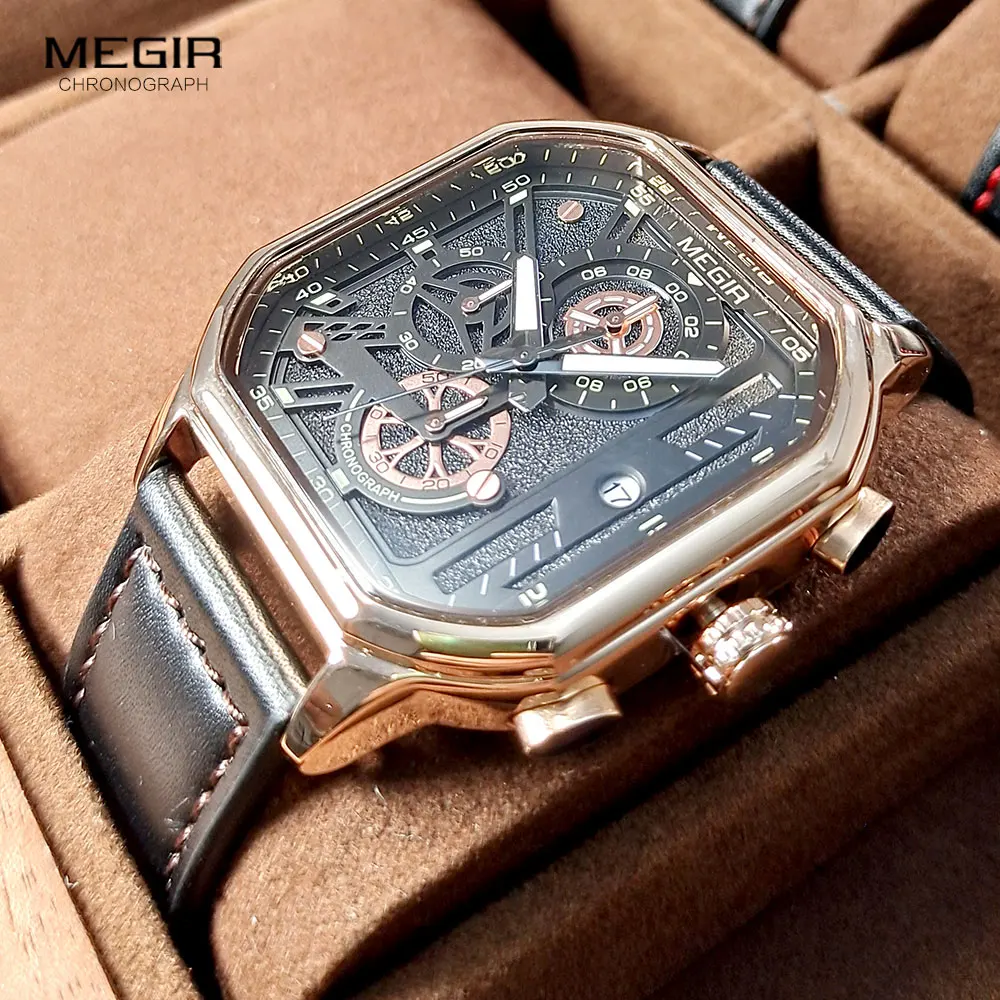 

MEGIR Rose Gold Black Watch Men Fashion Leather Strap Sport Analog Quartz Wristwatch with Chronograph Auto Square Dial 8106