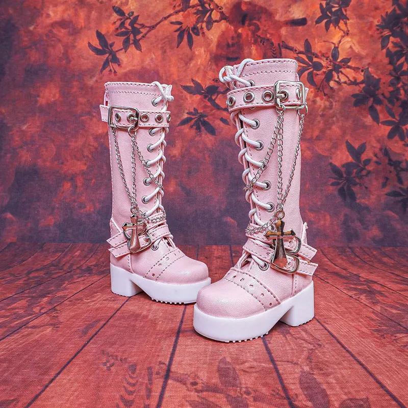 

1/4 Bjd Dollfie Shoes Ручная работа 6 см * 2,5 см MSD Punk Boots Пряжка Крестовая цепочка Туфли на толстой подошве Высококачественная модная кружевная обувь