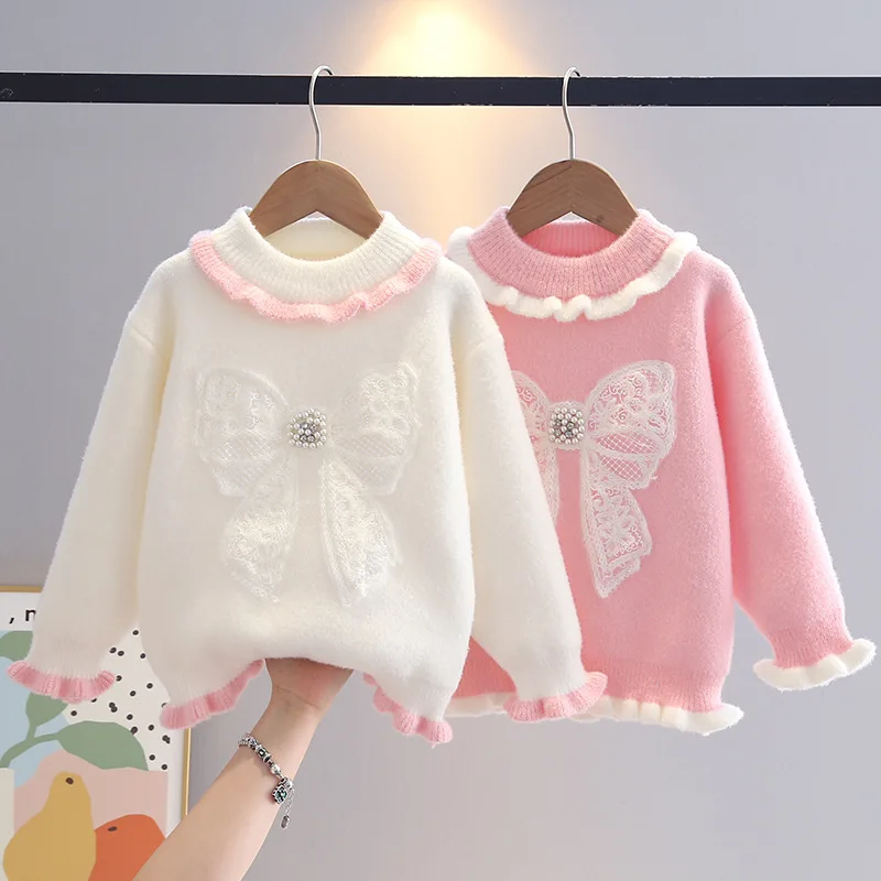

Children Clothing Kids Knit Pullover for Girls Large Buttefly-knot Sweaters White Pink Little Girl Knitwear Warm Outwear IY08022