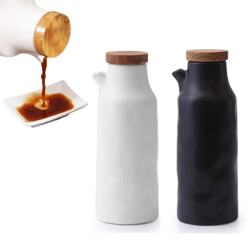 Olla de aceite de cerámica blanca y negra para el hogar, a prueba de fugas, aceite y vinagre, porcelana, cocina, salsa de soja, tanque de aceite, botella de condimento