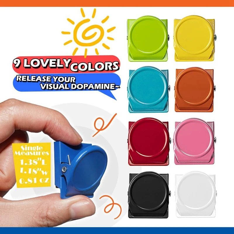 Magnet Clips 9 Pack Magnetic Clips For Classroom Whiteboard Refrigerator Fridge, Assorted Colors Easy Install Easy To Use