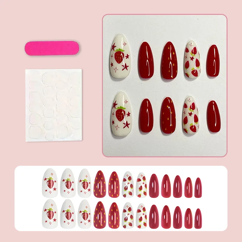 24PCS Zoete Aardbei Ster Boog Druk op Acrylnagels Amandelroze Kawaii Schattig Liefde Valse Nagels voor Vrouwen Meisjes Nepnagels Tawsier Itt