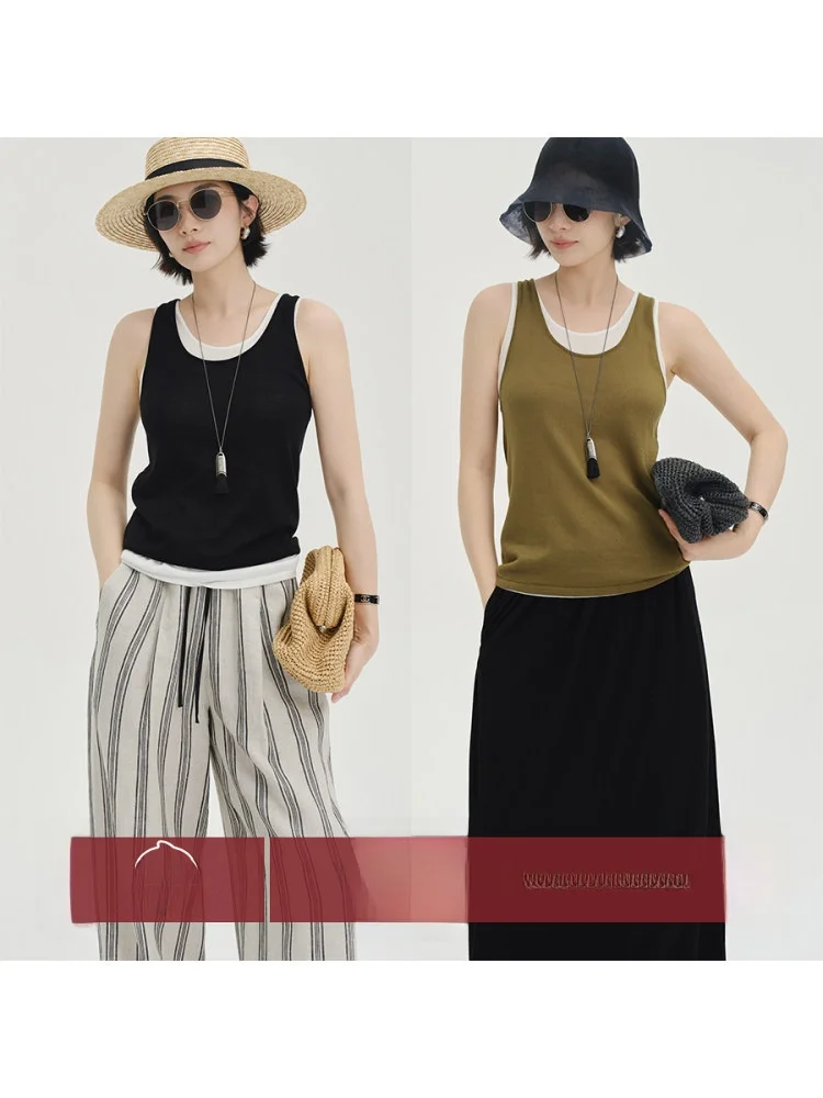 

Amyy Studios Double Layer Color Blo Cool Feeling Rayon Triacetate Yarn Knitted Vest Two-Piece Set Commute Sle Summer Faion
