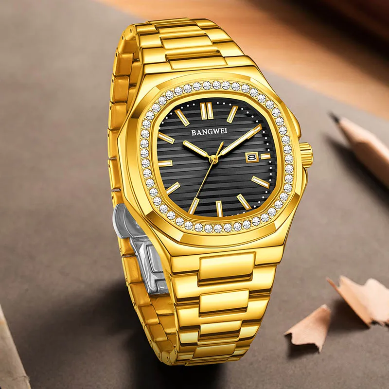 BANGWEI Square Gold Watch For Men Fashion Business Watch Men's Top Brand Luxury Sports Waterproof Luminous Quartz Men's Watches